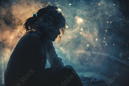 A person sitting in a dark room, dressed in clothing, contemplating their thoughts