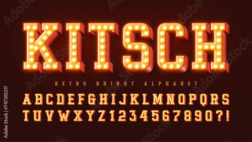 Retro cinema alphabet design, cabaret, warm lamps letters and numbers.