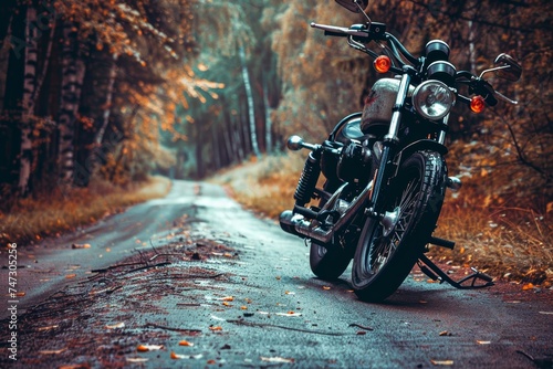 A motorbike sits parked on a forest road, its tires ready to take on the outdoor terrain while its fuel tank and auto parts await the next motorcycle racing adventure