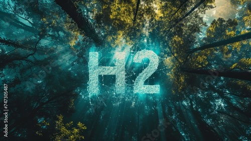A mysterious forest illuminated by the light of heaven with the symbol H2, which stands for the essence of life through hydrogen or health. Water is the source of life.