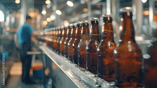 Crafting Perfection, Brown Glass Beer Bottles Progressing Along Production Line Conveyor Belt in Brewery, with Workers in Background, Highlighting the Art of Industrial Food Production.