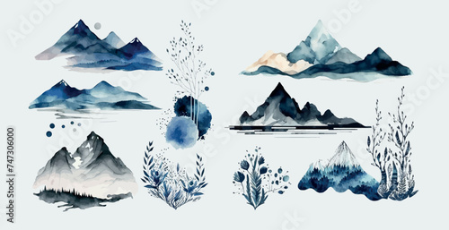 Hand-Painted Watercolor Mountain Landscapes and Botanical Elements Set: Blue Tones Nature Illustrations for Creative Design