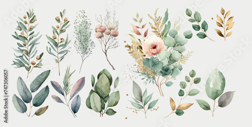 Elegant Collection of Watercolor Botanical Illustrations Featuring Lush Greenery and Blooming