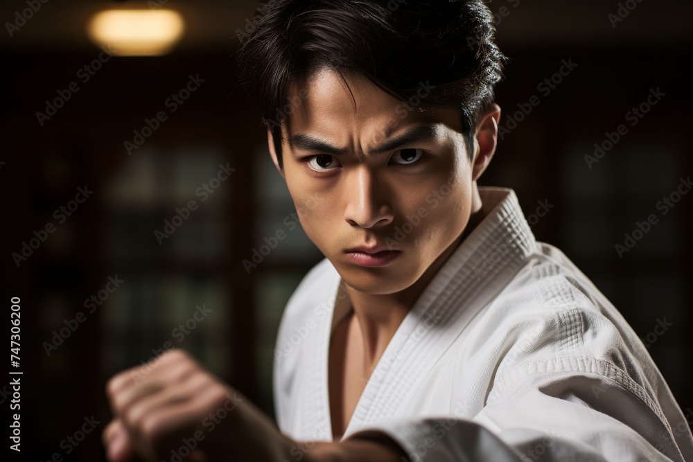 a martial arts practitioner in a karate class, his visage exuding determination and strength as he focuses on his training. a martial arts practitioner in a karate class, his visage exuding determination and strength as he focuses on his training.