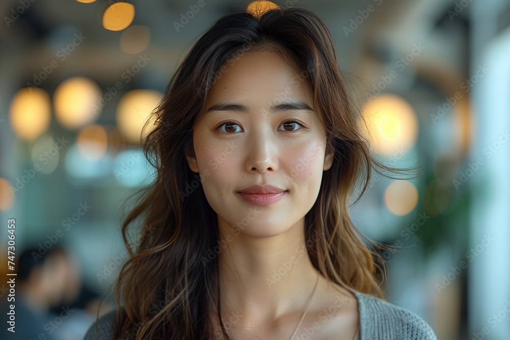 Obraz premium An unassuming Chinese woman in a corporate office scene, symbolizing the ordinary yet essential roles in business