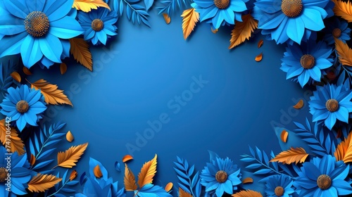 Floral Elegance, Background of Blue Paper Flowers with Empty Space for Text or Greeting Card Design. Ideal for International Womens Day and Mothers Day Postcards