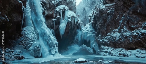 A frozen waterfall stands surrounded by snow-covered rocks in the Bavarian Alps, creating a stunning winter scene. The icy cascade contrasts with the white landscape, showcasing the beauty of natures