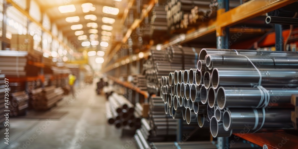 Industrial Inventory, Stack of Steel Pipes in Warehouse or Factory Setting, with Blurred Background Evoking Manufacturing Environment.