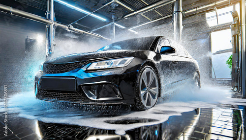 Closeup of a modern black car in a car wash with foam and water jet. High pressure cleaning machine. Generative Ai.