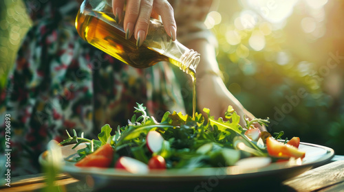 The hand of a woman with a manicure in the garden holds a bottle from which olive oil is pouring into a bowl with a healthy vegetable salad. The concept of healthy eating.  photo