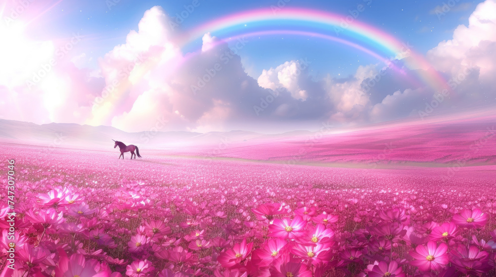 Fototapeta premium Magic unicorn in blossoming meadow, fairytale atmosphere