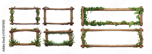 Collection of Detailed Vector Illustrations of Wooden Frames Adorned with Lush Greenery, Ideal for Nature-Themed Designs and Rustic © Zaleman