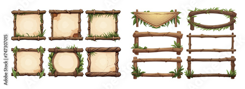 Collection of Wooden Frames and Signs Surrounded by Green Foliage, Ideal for Game UI or Decorative Elements in Nature © Zaleman