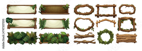 Set game wooden boards and branches liana and tropical leaves Cartoon set of wooden panels, wooden boards and direction signs with plants in forest isolated on white background © Zaleman