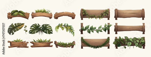 Set old wooden boards decorated leaves liana. Cartoon set of wooden panels, wooden boards and direction signs with plants in forest isolated on white background © Zaleman