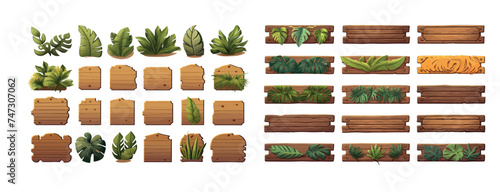 Various jungle wooden boards flat icon set.  Cartoon set of wooden panels, wooden boards and direction signs with plants in forest isolated on white background © Zaleman