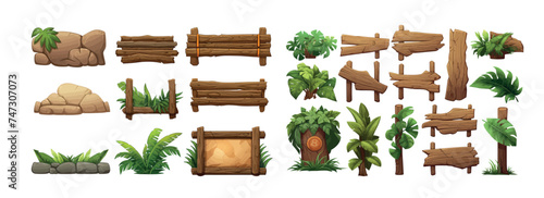 Collection of Detailed Wooden Signs, Stone Boulders, and Lush Greenery for Game Design or Landscape Illustrations © Zaleman