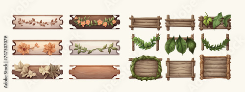 Set of wooden banners with leaves and flowers. Cartoon set of wooden panels, wooden boards and direction signs with plants in forest isolated on white background © Zaleman