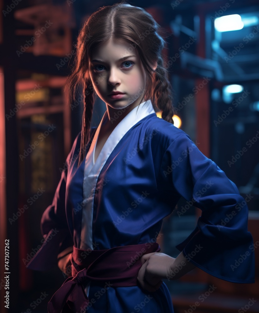 a Female karate student as she displays a fierce expression, fully committed to her practice in the Gym and Fighting Class a Female karate student as she displays a fierce expression, fully committed to her practice in the Gym and Fighting Class