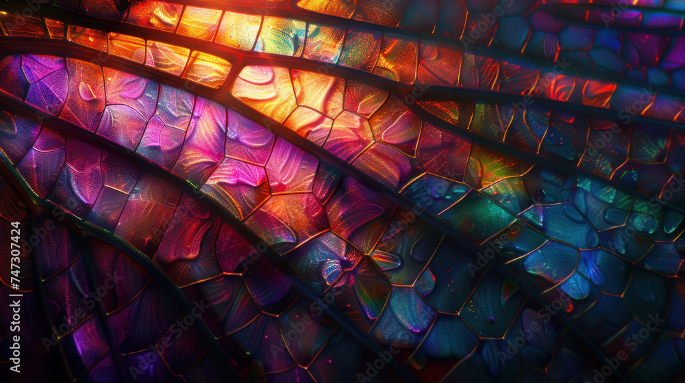 Naklejka premium Multi-colored psychedelic fantastic dragonfly wing texture, microscopic image