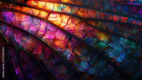 Multi-colored psychedelic fantastic dragonfly wing texture, microscopic image