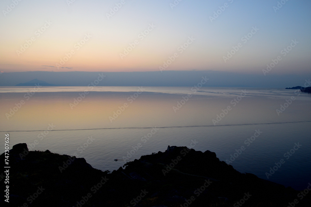 dusk time - view from the castle - Myrina town, Lemnos island, Greece, Aegean sea