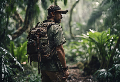 Rogue adventurer, backpack and rugged appearance, turist in the forest photo