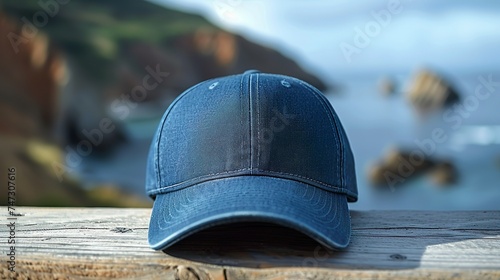 Cap mockup with funny sea background. photo