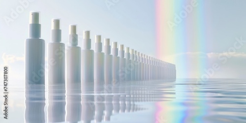 product shot of a line of premium white airless bottles with white caps as wide as the bottles, stretching to the horizon in a white limbo, rainbow reflection