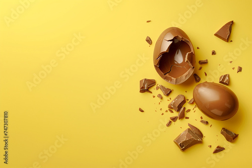 Broken chocolate egg with cracked eggshell on yellow background. Minimal Easter holiday concept. Copy space. Top view