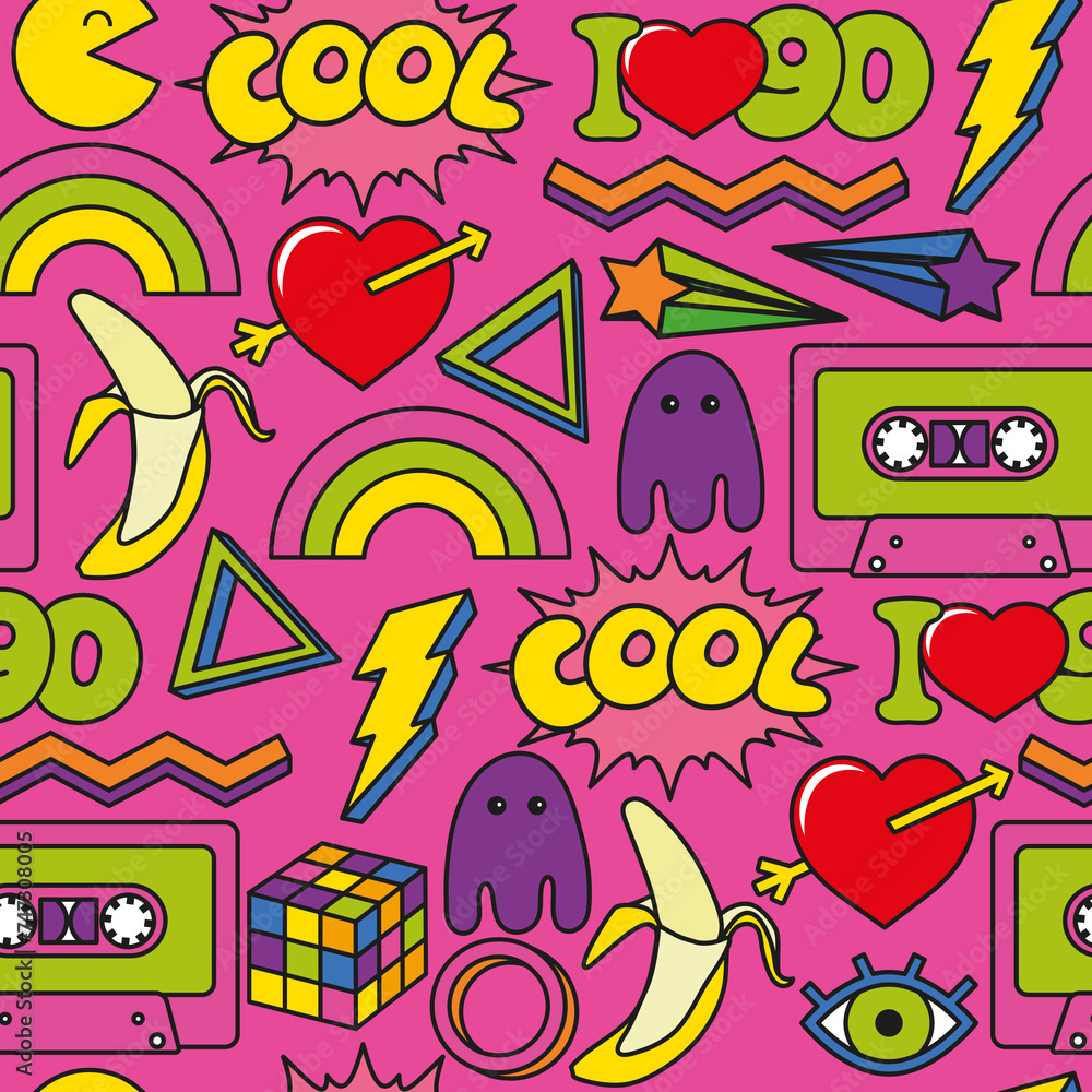Fototapeta premium Seamless 90s symbol pattern. Vintage 80s seamless background. Funky style endless print. Vibrant wallpaper with trendy print. Cassette, love hearts, rainbow, icons, game, banana, I love 90s. 