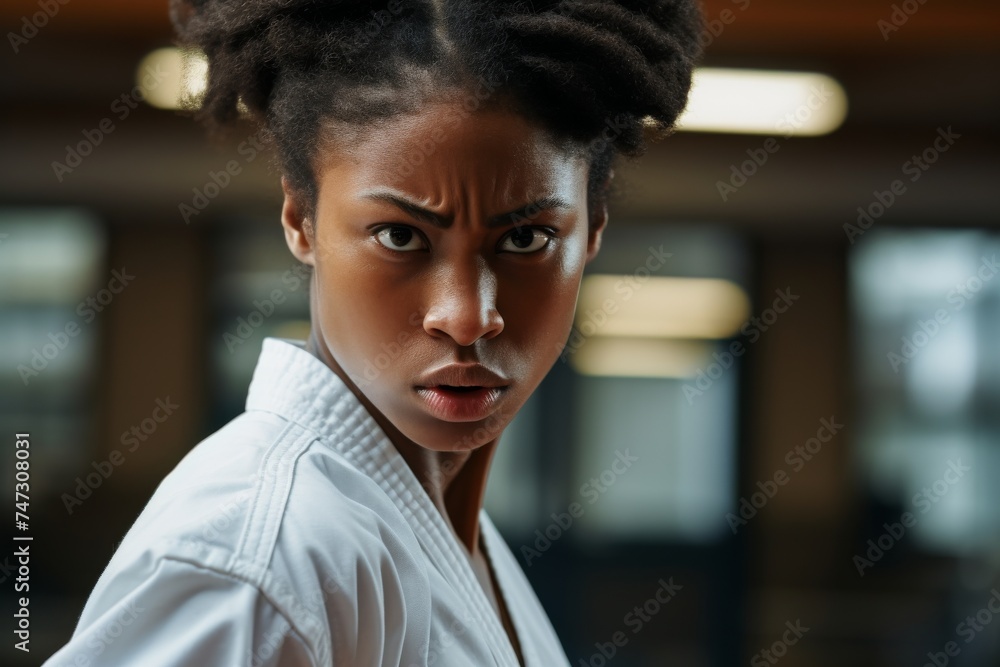 a Female karate student as she displays a fierce expression, fully committed to her practice in the Gym and Fighting Class - obrazy, fototapety, plakaty 