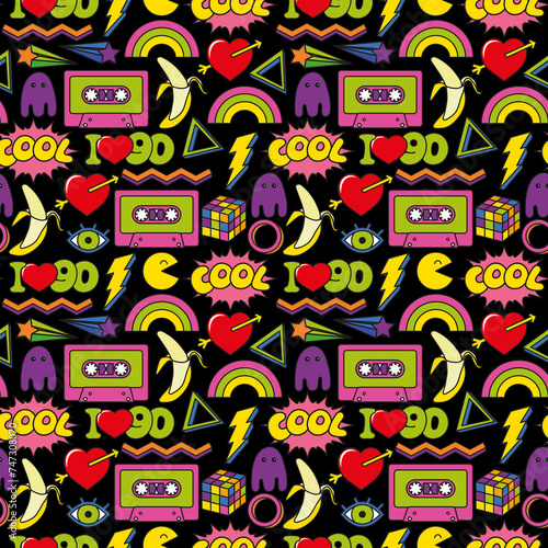 Seamless 90s symbol pattern. Vintage 80s seamless background. Funky style endless print. Vibrant wallpaper with trendy print. Cassette, love hearts, rainbow, icons, game, banana, I love 90s. 