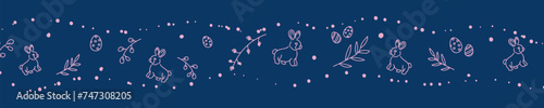 Vector. Cute hand drawn Easter horizontal background with bunnies, easter eggs. Festive background with Easter linear symbols. Copy space for text. Design cards, banners and other promotional items.