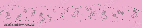 Vector. Cute hand drawn Easter horizontal background with bunnies, easter eggs. Festive background with Easter linear symbols. Copy space for text. Design cards, banners and other promotional items.