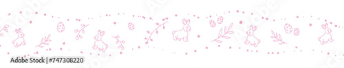 Vector. Cute hand drawn Easter horizontal background with bunnies, easter eggs. Festive background with Easter linear symbols. Copy space for text. Design cards, banners and other promotional items.