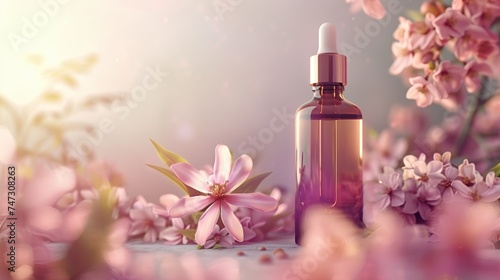 Cosmetic dropper bottle mockup A glass bottle with aromatic oil or serum with flowers near. Skin care essential oil bottle with dropper product mockup