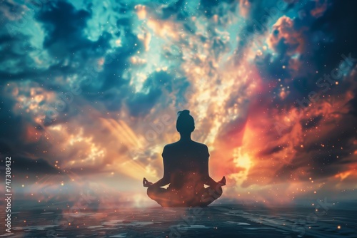 A peaceful person sits in a lotus position, their silhouette against the vibrant sky as the sun sets or rises, surrounded by clouds and embracing the beauty of nature