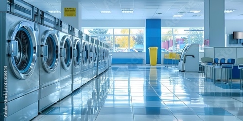 Urban Convenience, Modern Laundromat Interior Featuring Rows of Washing Machines. Clean and Bright Self-Service Laundry Facility, Reflecting Urban Daily Life Concept. photo