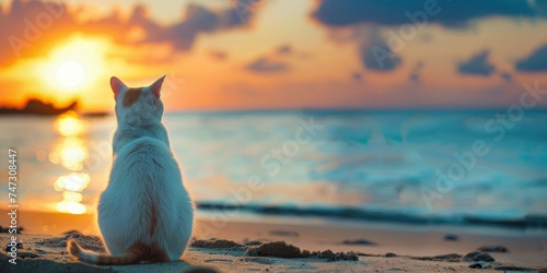 White Cat Watching Sunrise on Blue Seaside Beach