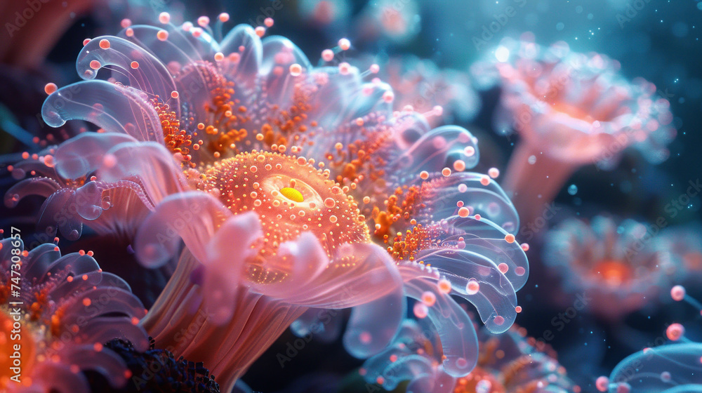 Unreal flower-like creature close-up underwater Unreal flower-like creature close-up underwater