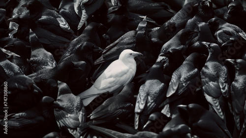 White crow in flock of black ones - concept of individuality, being different