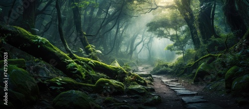 A path cuts through a dense mountain forest  with moss growing on the ground. The scene exudes a sense of mystery and natural beauty.