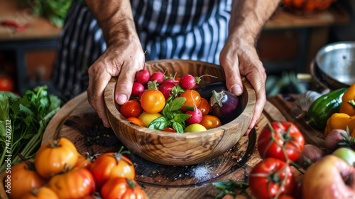 A closeup shot of a chefs hands delicately arranging a bowl of colorful fruits and vegetables highlighting the beautiful natural hues.