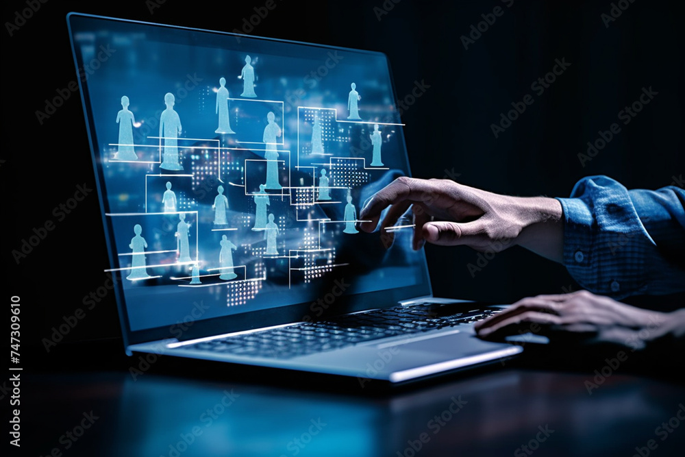 Businessmen used laptops filled with diagrams and company hierarchy structures for workflow automation. connections amongst the organization's members, generative ai Businessmen used laptops filled with diagrams and company hierarchy structures for workflow automation. connections amongst the organization's members, generative ai