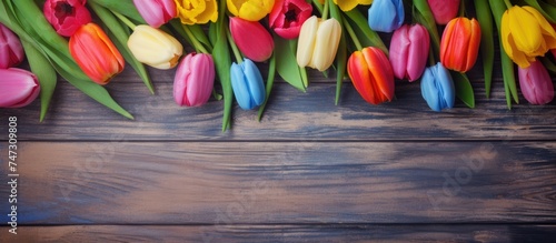 A collection of vibrant tulips in various shades of pink, red, and yellow, arranged on a rustic wooden board. The tulips are fresh and blooming, creating a cheerful and festive display.