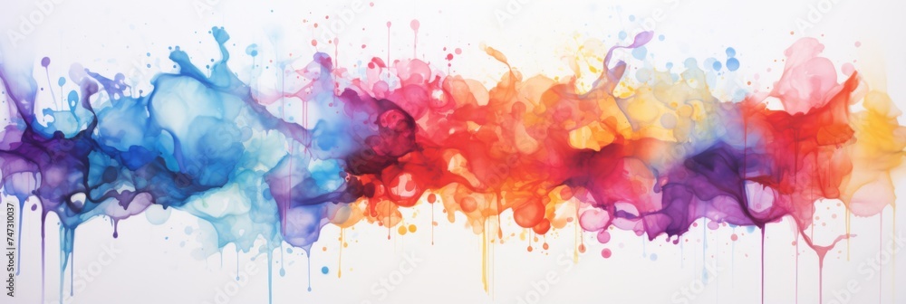 Colorful ink splashes on white backdrop - A burst of colorful inks splattered artistically across a white canvas, representing creativity and artistic expression