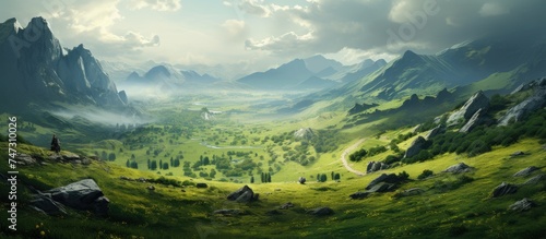 A painting showcasing a vast valley with towering mountains in the background, under a clear sky. The valley is lush with greenery, while the mountains display various shades of blue and gray. photo