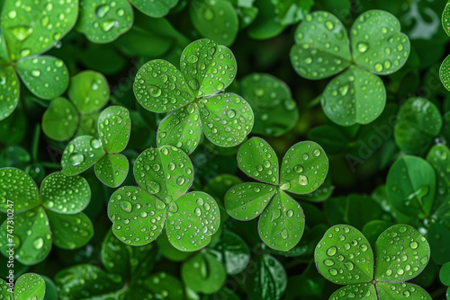 Close up of green clover leaves with dew drops