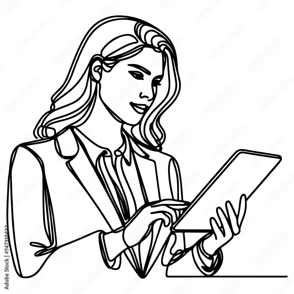 Business woman hand holding modern smart phone mockup. Continuous black single lines drawing art icon. Finger touching blank screen transparent background vector Business woman hand holding modern smart phone mockup. Continuous black single lines drawing art icon. Finger touching blank screen transparent background vector
